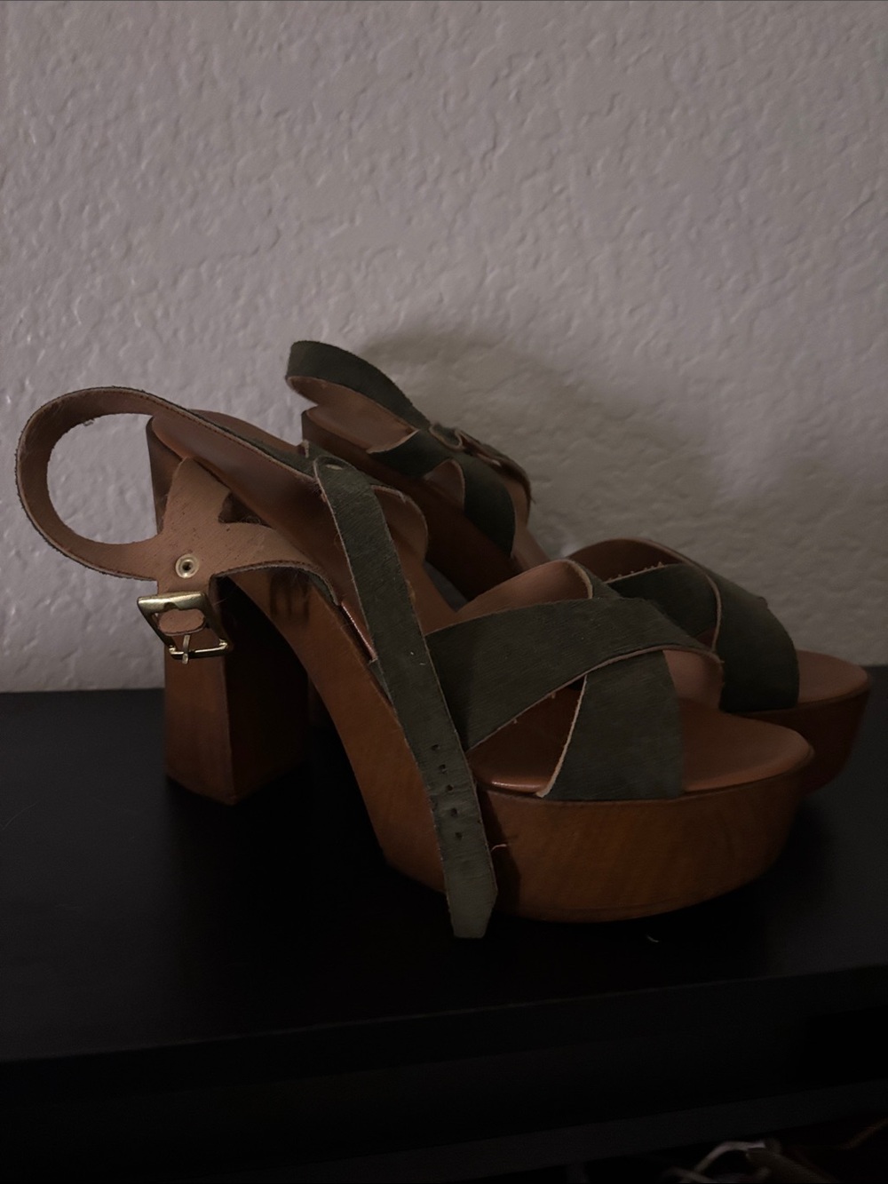 ASOS Olive Green Suede Platform Sandals with Wood-Look Heel